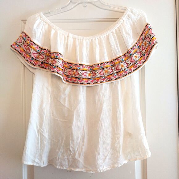 Boston Proper Spanish Boho Off Shoulder Top Off White Crepe S Flowy Artsy Cowrie - Picture 1 of 7